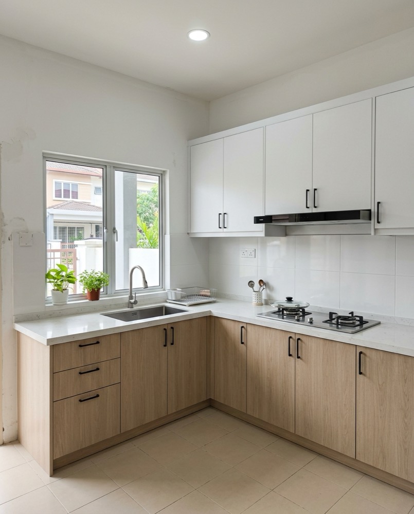 Dapur bentuk L, kabinet melamine kayu oak dan putih dengan top quartz putih