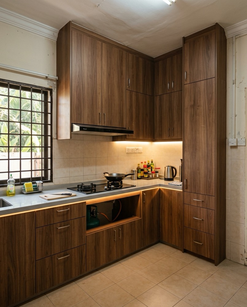 Dapur kabinet laminate kayu walnut dengan top quartz kelabu
