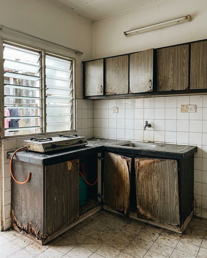 Kabinet dapur lama yang reput dan pintu tertanggal